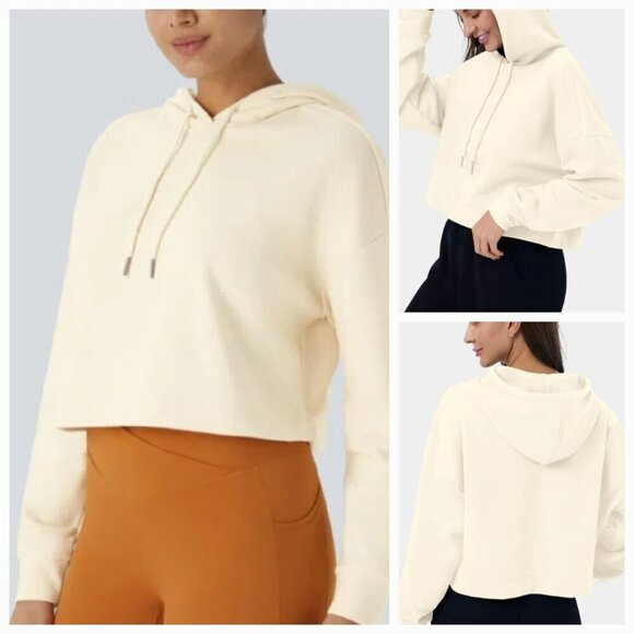 Halara sz M women Dropped Shoulder Drawstring Cropped Hoodie Sweatshirt Cream - Picture 1 of 10